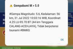 Gempa bumi bermagnitudo 5,6 guncang Aceh Jaya